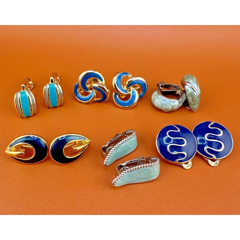 Vintage Earrings Lot Enamel Metal Clip On Dainty Green Blue Teal Aqua 1990s